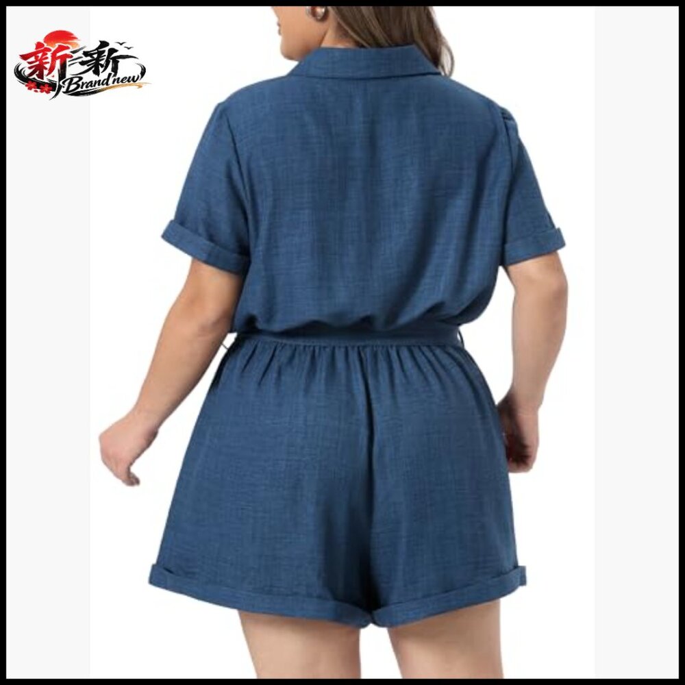 Plus Size Romper with Button Down Roll Sleeves an… - image 4